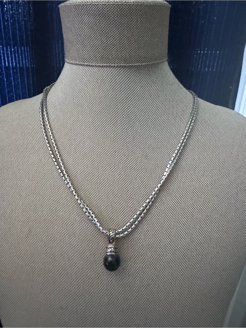 Silver Double Chain Necklace with Black Stone Pendant